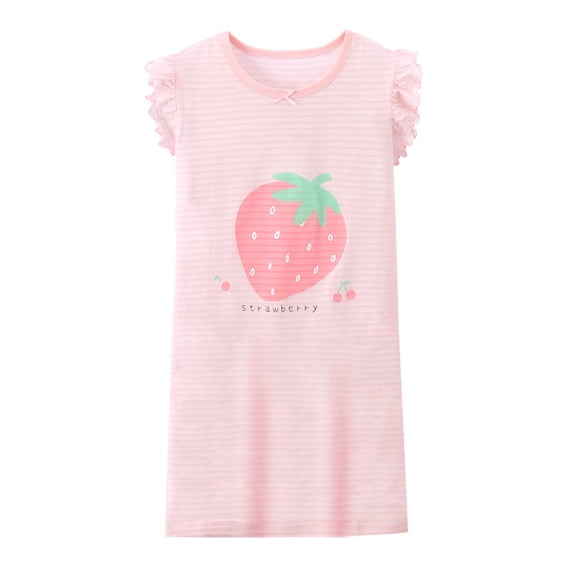 WIBACKER Girls Nightgowns Cotton Pajamas Dresses Flutter Short Sleeves Sleepwear Princess Strawberry Nightshirt for Kids 3-16Y