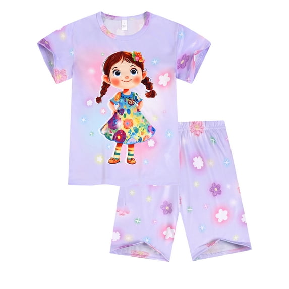 WIBACKER Girls Pajamas Set for Kids 3D Floral Girl Printed Sleepwear 3-8 Years 2 PCS Short Sleeve Top and Shorts Toddler Girls Pjs