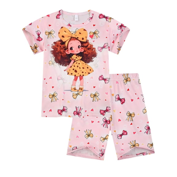WIBACKER Girls Pajamas Set for Kids 3D Printed Sleepwear 3-8 Years 2 PCS Short Sleeve Top and Shorts Toddler Girls Pjs