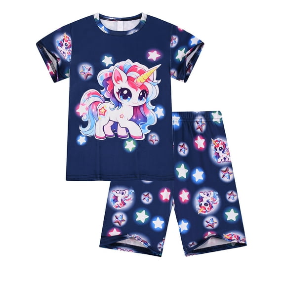 WIBACKER Girls Pajamas Set for Kids 3D Unicorn Printed Sleepwear 3-8 Years 2 PCS Short Sleeve Top and Shorts Toddler Girls Pjs