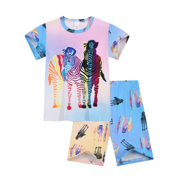 WIBACKER Girls Pajamas Set for Kids 3D Zebra Girl Printed Sleepwear 3-8 Years 2 PCS Short Sleeve Top and Shorts Toddler Girls Pjs