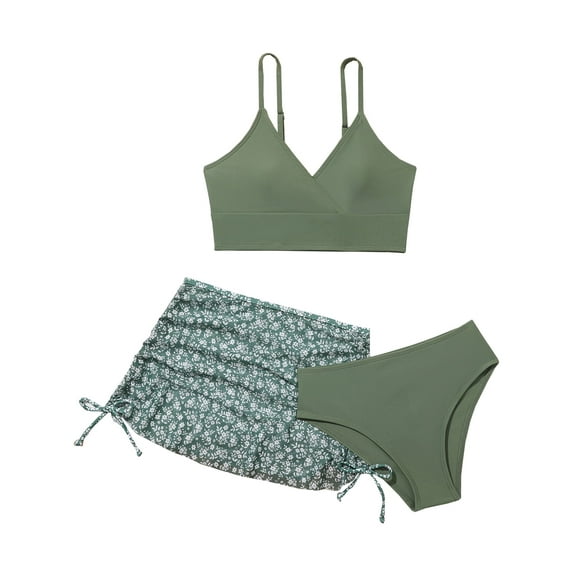 WIBACKER Girls Swimsuits 3 Piece Bathing Suit Set Floral Bikini Swimwear with Cover Ups Beach Skirt 10 Years