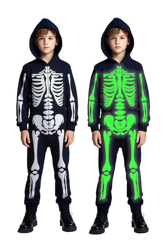 Glow-in-the-Dark Skeleton Costume for Boys and Girls, Halloween Fancy-Dress Jumpsuit Outfit for Children Aged 3-10 Years