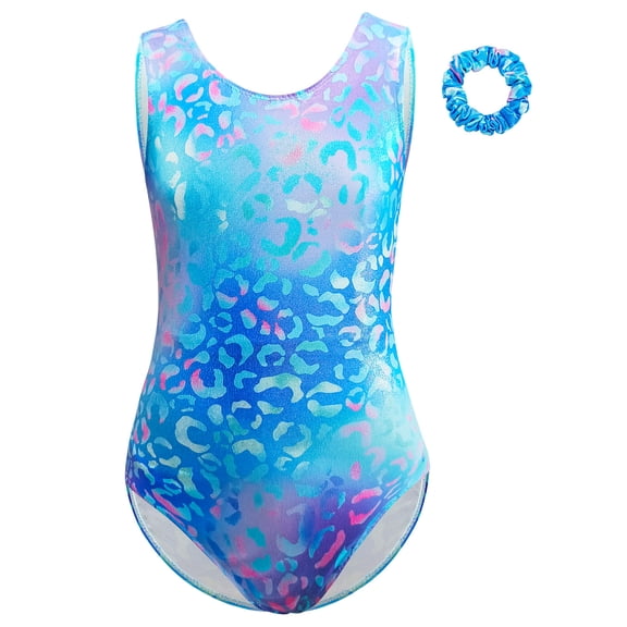 WIBACKER Gymnastics & Dance Ballet Leotard for Girls Sparkly Activewear One Piece Tumbling Outfit - Blue Leopard
