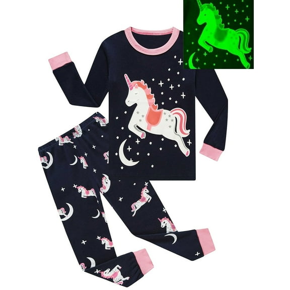 WIBACKER Halloween Little Girl Glow-in-the-Dark Pajamas 100% Cotton Toddler Kids 2-Pieces Unicorn Sleepwear Sets,4T