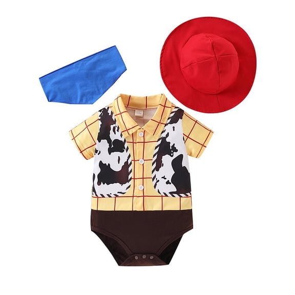 WIBACKER Halloween Newborn Baby Cowboy Outfit Cow Print Romper + Hat + Bandana 3pcs Set, Infant Boy's Costumes Cosplay