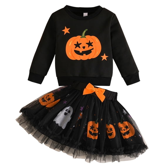 WIBACKER Halloween Outfit Set for Toddler Girls Long Sleeve Pumpkin Sweatshirt+Ghost Print Tutu Skirt Sets Kids Halloween Party Costume