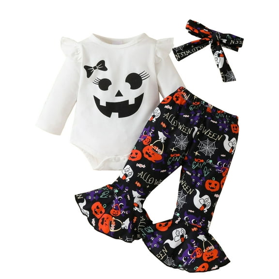 WIBACKER Halloween Smile Pumpkin Newborn Outfit Baby Girl My First Halloween Outfits Ruffle Romper Top Floral Flared Pants Set Fall Winter Clothes