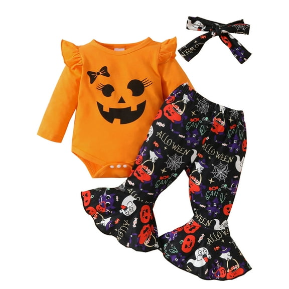 WIBACKER Halloween Smile Pumpkin Newborn Outfit Baby Girl My First Halloween Outfits Ruffle Romper Top Floral Flared Pants Set Fall Winter Clothes