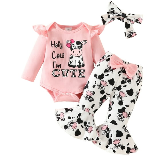 WIBACKER Holy Cow I'm Cute Newborn Outfit Baby Girl Going Home Outfits Ruffle Ribbed Romper Top Floral Pants Set Fall Winter Clothes