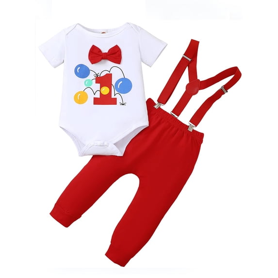 WIBACKER Infant Baby Boy 1st Birthday Cosplay Outfits Bow Tie Romper with Suspenders Pants Set Cake Smash Photo Shoot