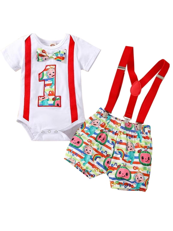 Infant Baby Boy Funny 1st Birthday Cosplay Outfits Bow Tie Cartoon Themed Romper with Suspenders Shorts 2pcs Set