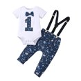 thumbnail image 1 of WIBACKER Infant Baby Boy Funny 1st Birthday Cosplay Outfits Bow Tie Space Themed Romper with Suspenders Pants 2pcs Set, 1 of 6