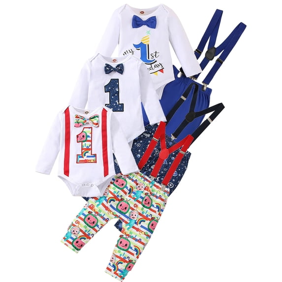 WIBACKER Infant Baby Boy Funny 1st Birthday Cosplay Outfits Toddler Bow Tie Cartoon Themed Romper with Suspenders Pants 2pcs Set