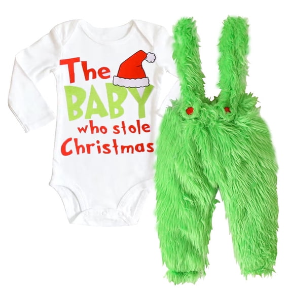 WIBACKER Infant Baby Boy Girl Who Stole Christmas Romper Tops and Furry Suspender Pants Xmas Outfits Clothes
