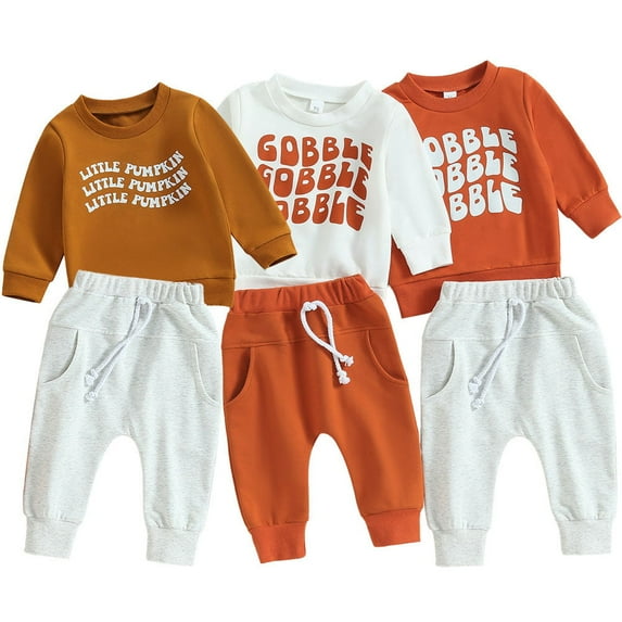 WIBACKER Infant Boy Girls' Wave Gobble Letter Sweatsuit 2Pcs Toddler Kids Long Sleeve Crewneck Tops Pants Casual Outfits