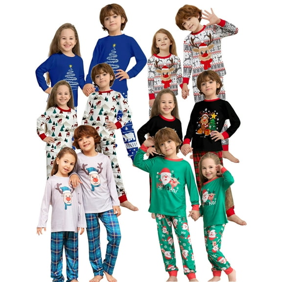 WIBACKER Kids Christmas Gray Reindeer Pajamas Long Sleeve Holiday Pjs Set Toddler Boys Girls Xmas Jammies 2-14 Years