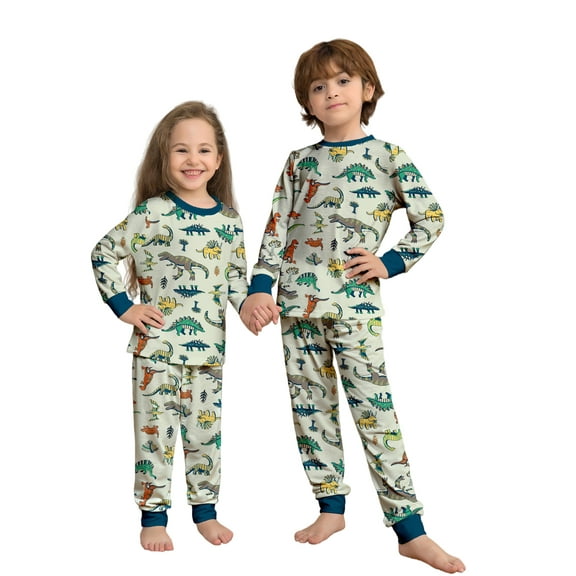 WIBACKER Kids Christmas Green Dinosaur Pajamas Long Sleeve Holiday Pjs Set Toddler Boys Girls Xmas Jammies 2-14 Years