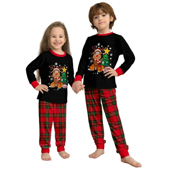 WIBACKER Kids Christmas Reindeer Pajamas Long Sleeve Holiday Pjs Set Toddler Boys Girls Xmas Plaid Jammies 2-14 Years