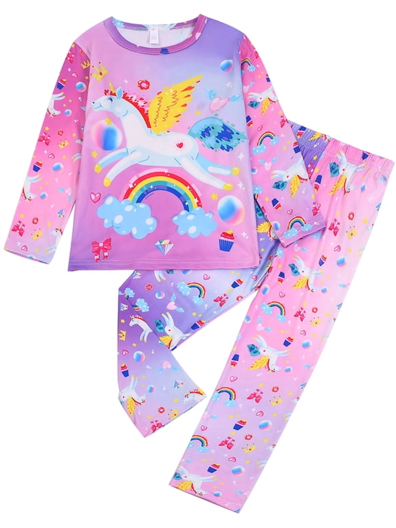 Kids Girls Pajamas Sets Long Sleeve and Pants 2-Pieces Sleepwear Cute Cartoon Unicorn Loungewear 3 to 8 Years