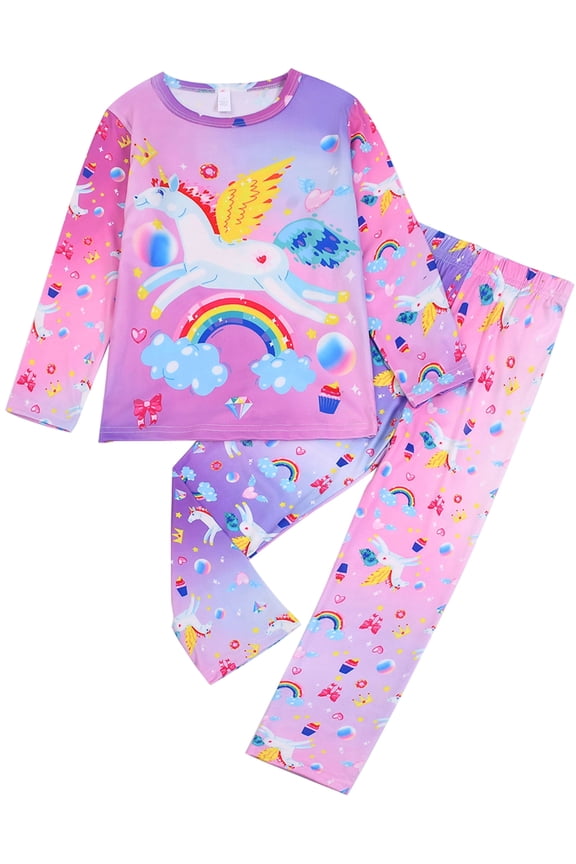 Kids Girls Pajamas Sets Long Sleeve and Pants 2-Pieces Sleepwear Cute Cartoon Unicorn Loungewear 3 to 8 Years