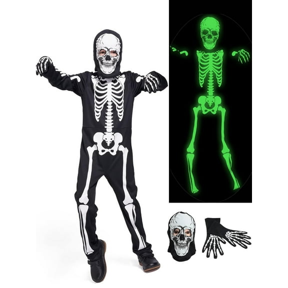WIBACKER Kids Skeleton Halloween Costume, Glow in The Dark Halloween Cosplay Onesie for Boys and Girls, Jumpsuit + Gloves + Hood Mask