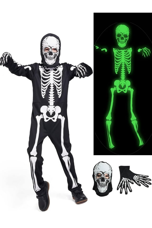 Kids Skeleton Halloween Costume, Glow in The Dark Halloween Cosplay Onesie for Boys and Girls, Jumpsuit + Gloves + Hood Mask