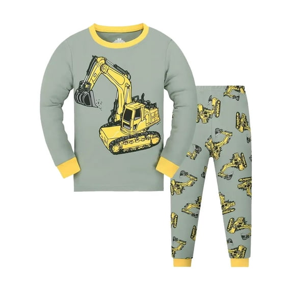 WIBACKER Kids & Toddler Boys Long Sleeve Top and Pants Sleepwear Cotton 2 Piece Pajama Set,Excavator