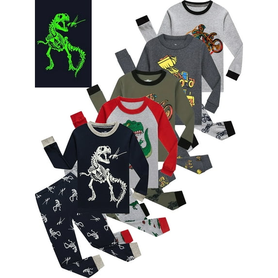WIBACKER Little Boys Pajamas Sets Glow in Dark Dinosaur 100% Cotton 2 Piece Toddler Kids Pjs Sleepwear Size 3-8T