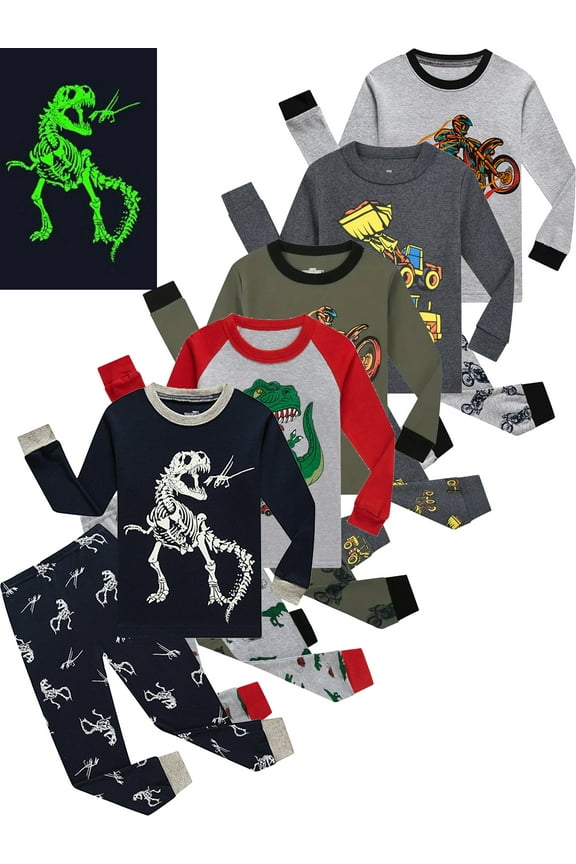 Little Boys Pajamas Sets Glow in Dark Dinosaur 100% Cotton 2 Piece Toddler Kids Pjs Sleepwear Size 3-8T