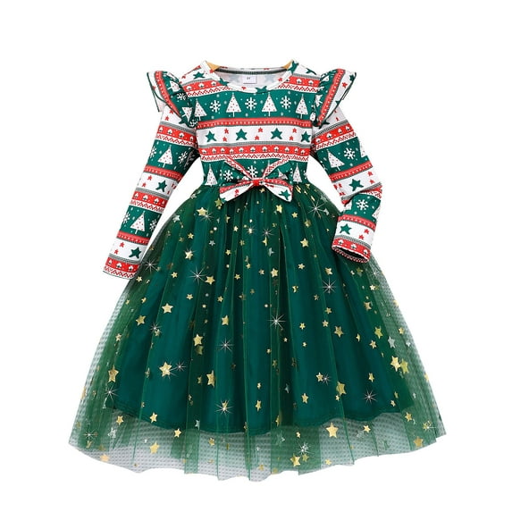 WIBACKER Little Girls Christmas Tree Tulle Dresses Toddler Kids Long Sleeve Sparkle Tutu Dress XMAS Party Festival Dress 4T