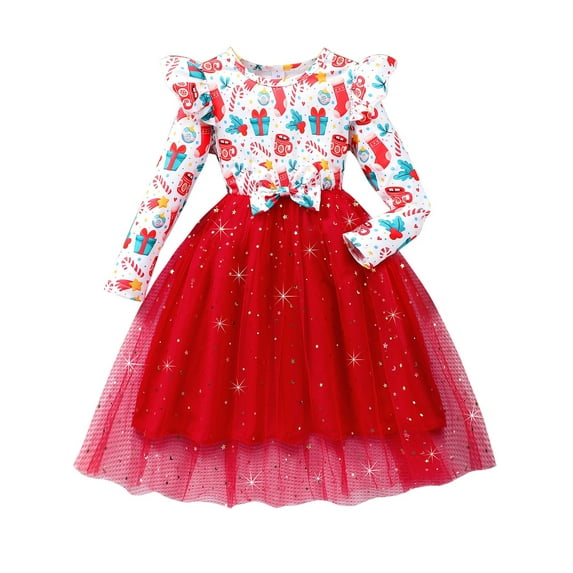 WIBACKER Little Girls Christmas Tulle Dresses Toddler Kids Long Sleeve Sparkle Tutu Dress XMAS Red Party Festival Dress 2-3T