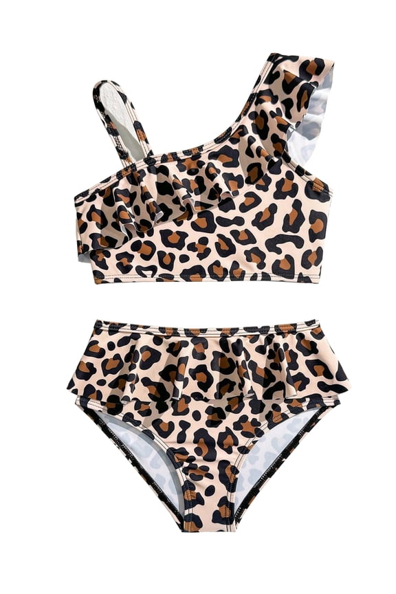 Little Girls Leopard Print Ruffle Bikini Set One Shoulder Flounce Swimsuit 2 Piece Tankini Bathing Suit Beach Swimwear 6-7 Years