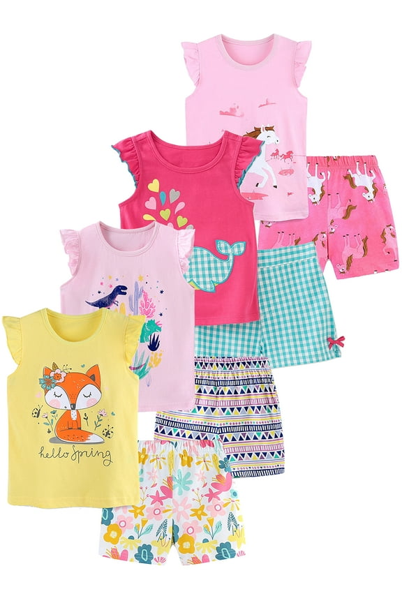 Little Girls Summer Casual Short Sleeve T-Shirt and Shorts Set Kids Outfis - Fox