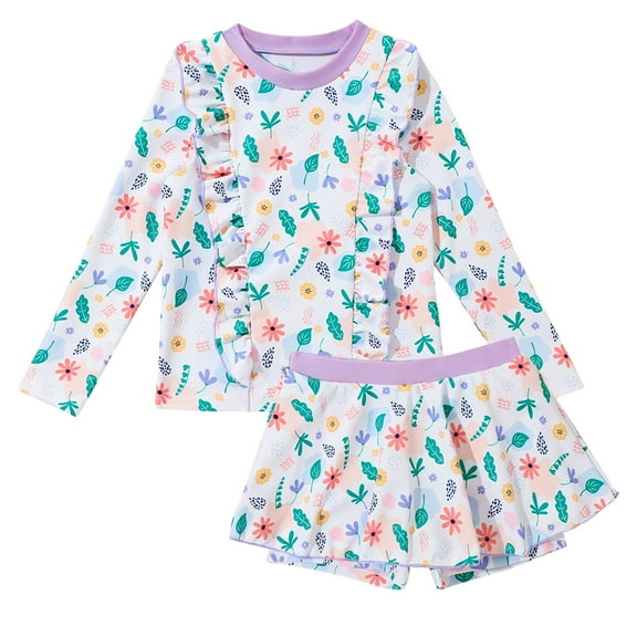 WIBACKER Little Girls Swimsuits Two Pieces Swimwears Rash Guard Set Long Sleeve UPF50+ Bathing Suit for Summer Beach
