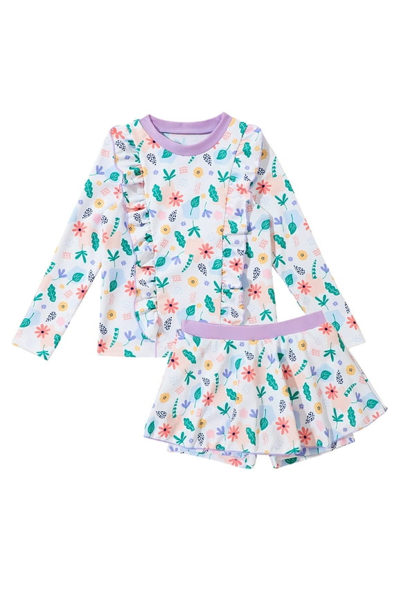 Little Girls Swimsuits Two Pieces Swimwears Rash Guard Set Long Sleeve UPF50+ Bathing Suit for Summer Beach