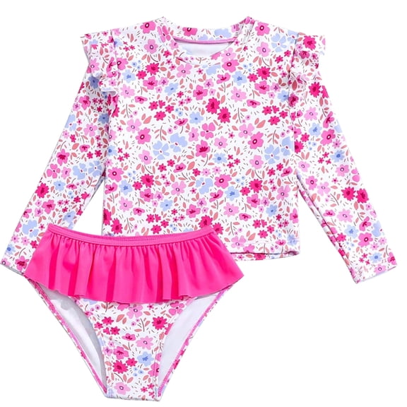 WIBACKER Little Girls Swimsuits Two Pieces Swimwears Rash Guard Set Long Sleeve UPF50+ Bathing Suit for Summer Beach