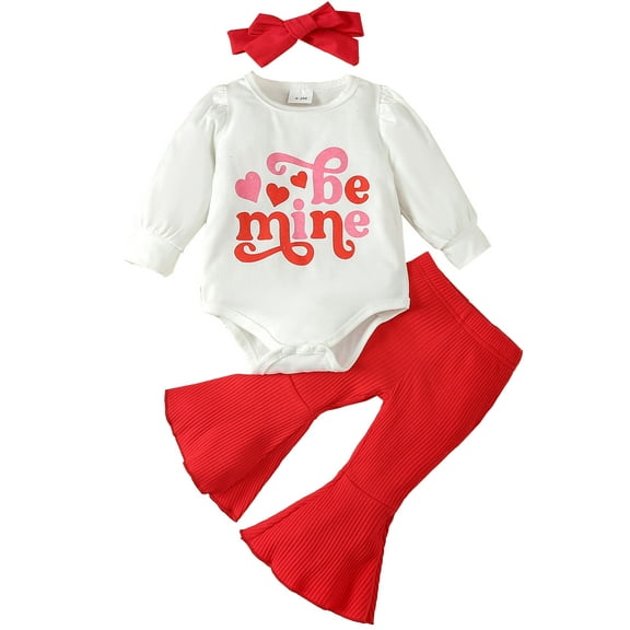 WIBACKER Lovely Baby Girl Valentine's Day Outfits Set Long Sleeve LOVE Bodysuit   Red Flare Pants   Headband