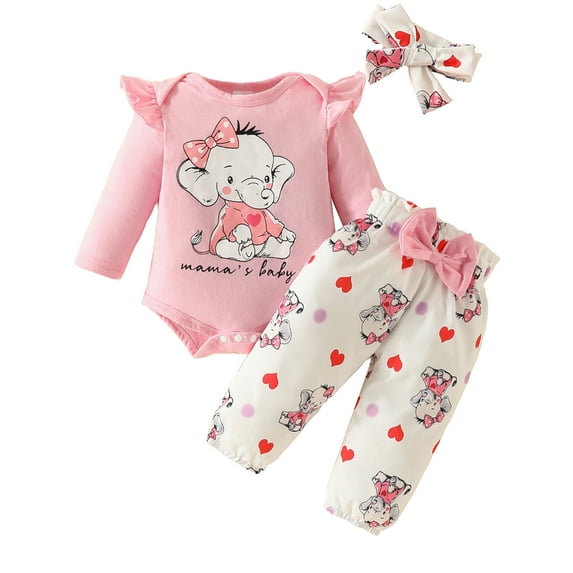 WIBACKER Mama's Baby Newborn Outfit Baby Girl Going Home Outfits Ruffle Ribbed Romper Top Elephant Pants Set Fall Winter Clothes