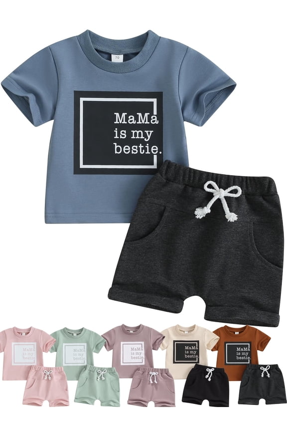 Mamas Baby Boy Girl Clothes Summer Short Sleeve Bestie Letter Print T-Shirt Tops Shorts Set Cotton Outfit