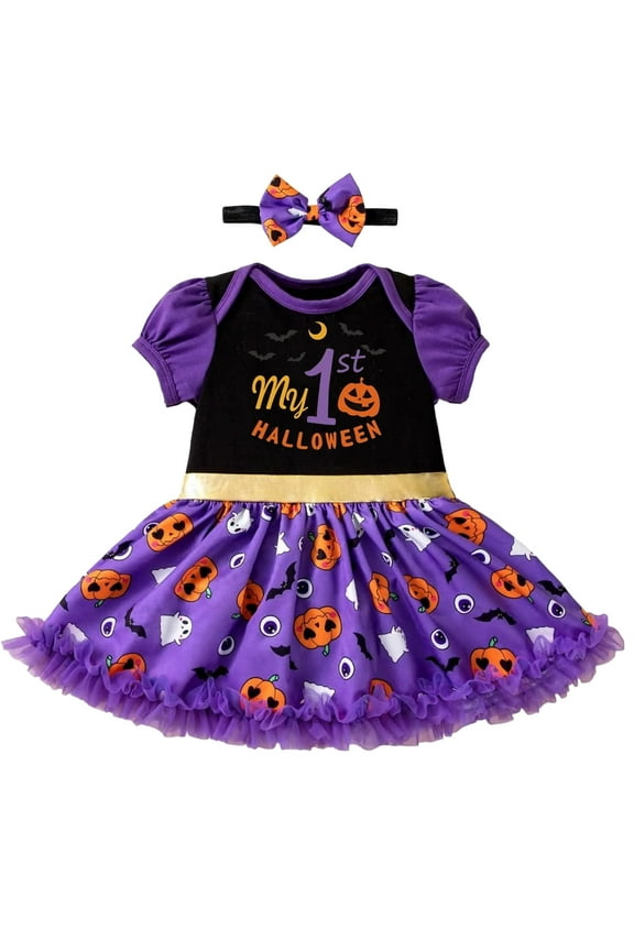 My 1st Halloween Infant Baby Girl Puff Sleeve Romper Dress, Newborn Pumpkin Onesie Bodysuit Dresses with Bow Headband