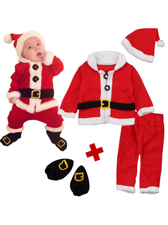 My First Christmas Baby Boy Girl Santa Claus Costume Velvet Tops+Pants+Hat+Socks 4 Pieces Toddler Xmas Party Cosplay Set