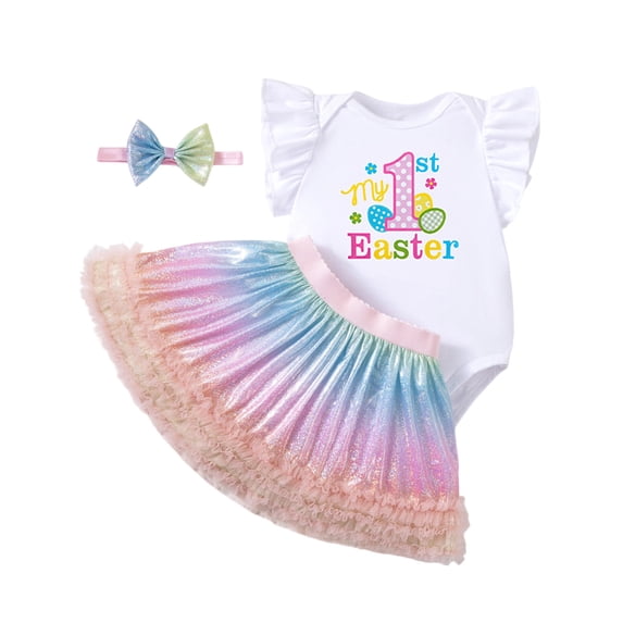 WIBACKER My First Easter Outfit Baby Girl Easter Egg Romper Bodysuit+Rainbow Lace Tutu Skirts+Headband Clothes