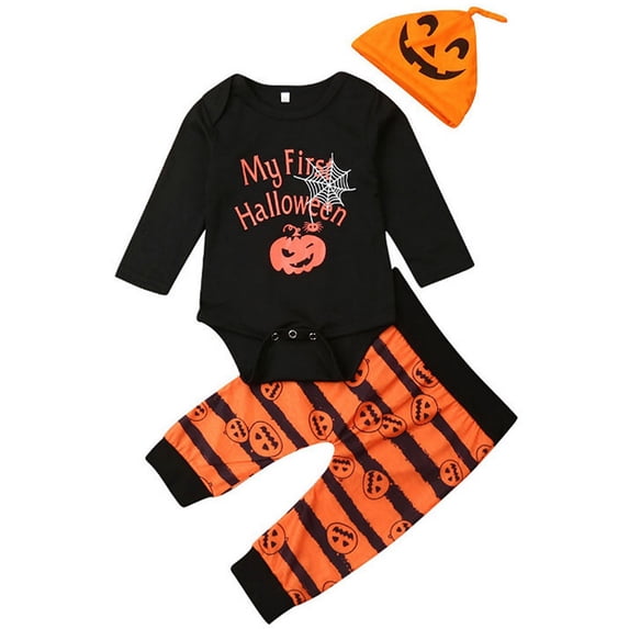WIBACKER My First Halloween Baby Boy Outfit Newborn Long Sleeve Bodysuit Pants Hat Set Pumpkin Infant Baby Boys' Costumes
