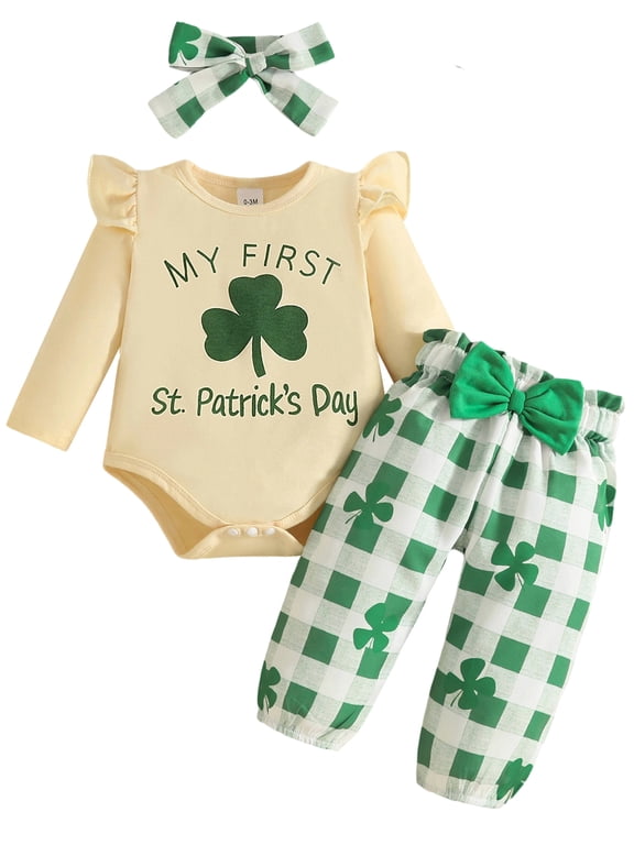 My First St Patricks Day Baby Girl Outfits Newborn Long Sleeve Romper + Lucky Clover Pants + Headband Spring Green Clothes