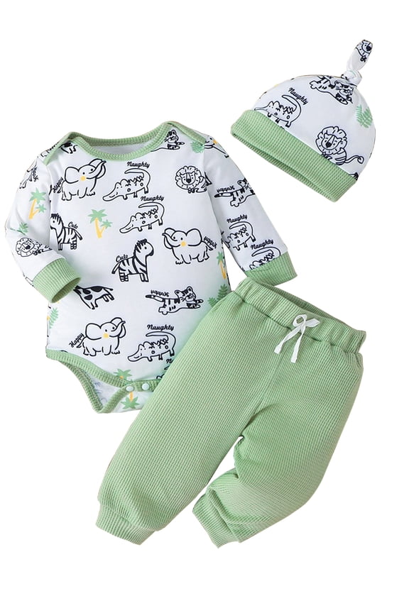 Newborn Baby Boy Clothes Animal Print Long Sleeve Baby Romper+Waffle Pants w/Hat 3PCS Spring Fall Outfits