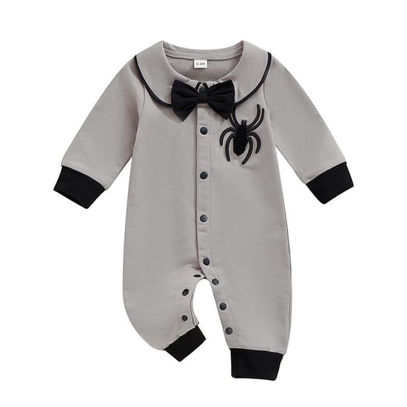 WIBACKER Newborn Baby Boy Halloween Outfit Long Sleeve Spider Embroidery Romper Bowtie Jumpsuit Halloween Costumes 0-18M