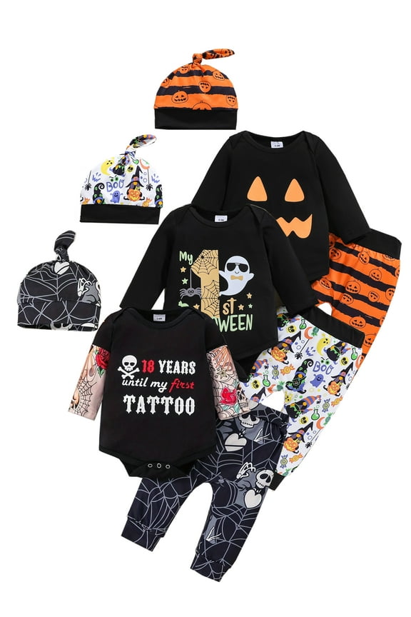 Newborn Baby Boy Halloween Outfits Infant Tattoo Romper + Skull Pants + Hat Set 0-18 Months
