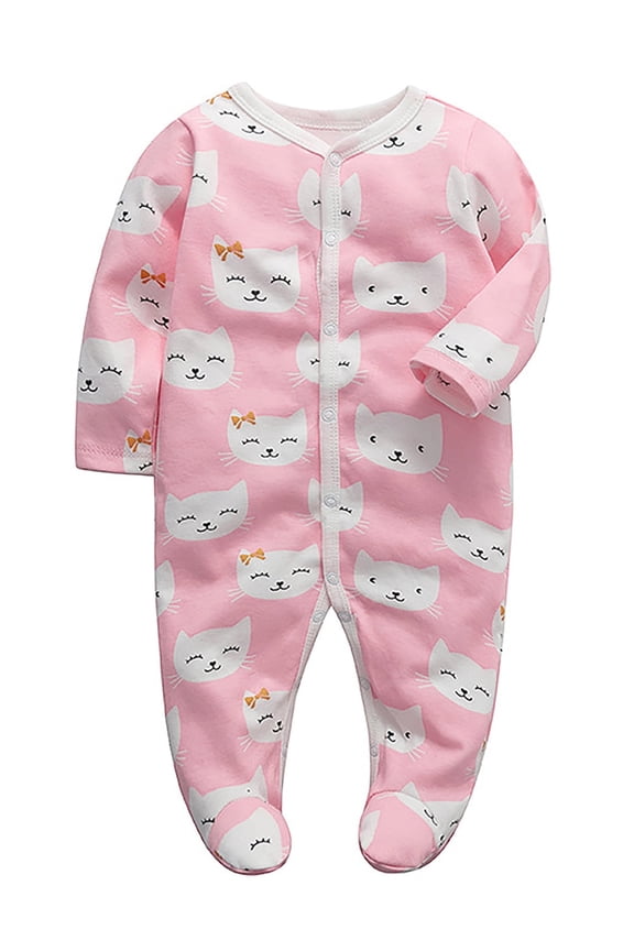 Newborn Baby Footed Pajamas 100% Cotton Infant Baby Snap Sleepers for Sleep and Play Footies 0-12 Months - Kitty