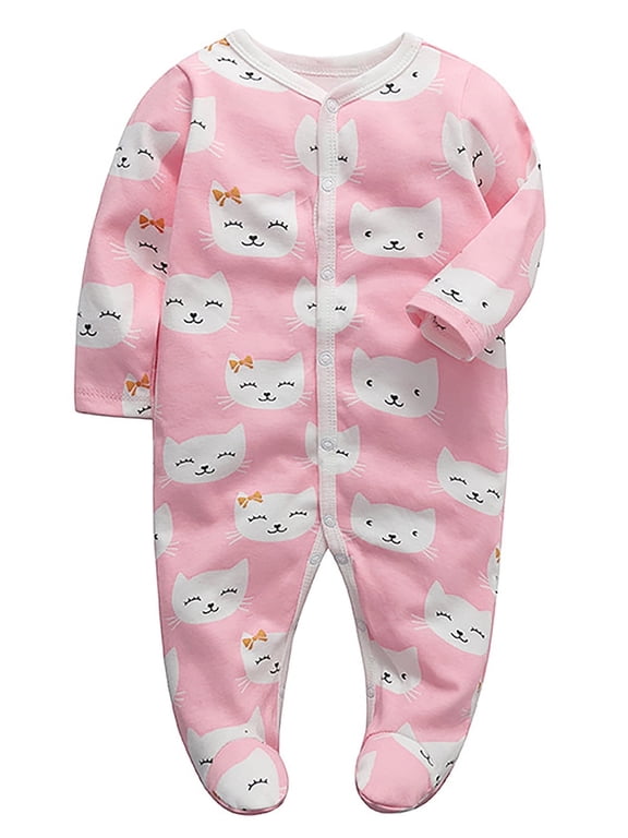 Newborn Baby Footed Pajamas 100% Cotton Infant Baby Snap Sleepers for Sleep and Play Footies 0-12 Months - Kitty